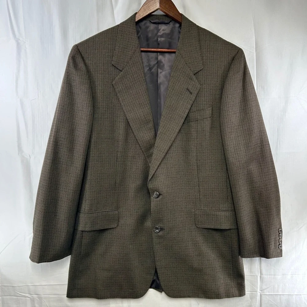 Hickey Freeman Blazer Mens 43L Brown Silk Wool Check Boardroom Neiman Marcus